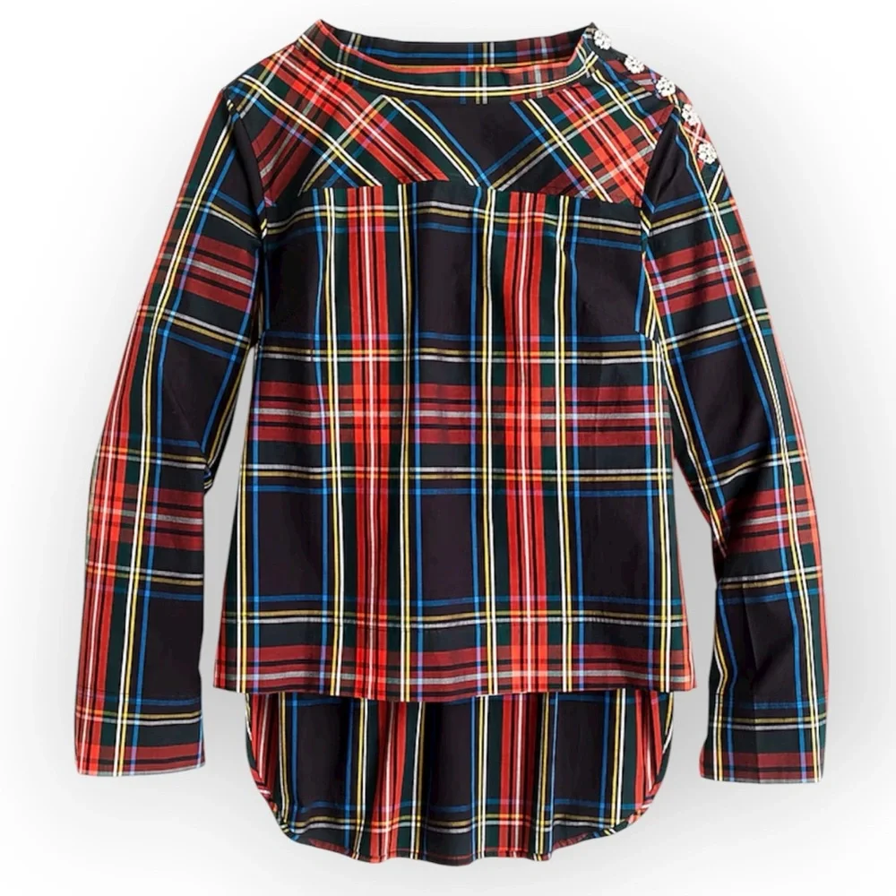 J. Crew Funnelneck shirt in Stewart tartan with jeweled buttons size 4